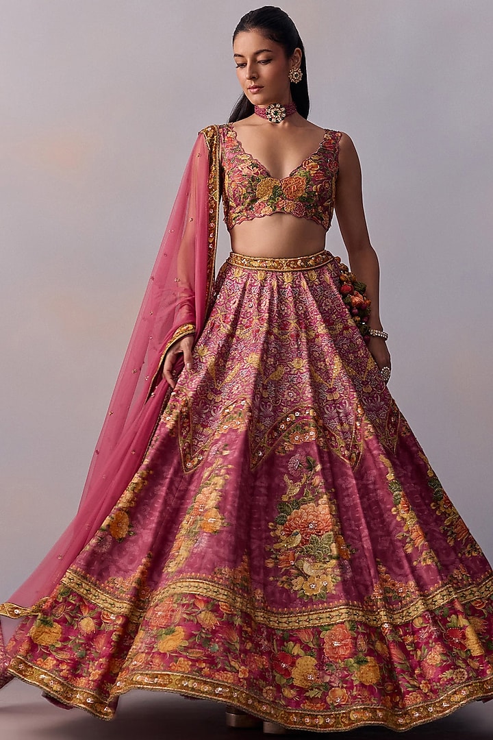 Pink Viscose Silk & Tulle Sequins Hand Embroidered Wedding Lehenga Set by Kalista at Pernia's Pop Up Shop