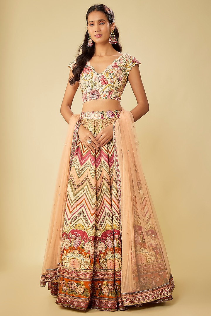 Multi-Colored Viscose Silk Embroidered & Printed Wedding Lehenga Set by Kalista at Pernia's Pop Up Shop