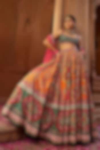 Orange Raw Silk Printed & Hand Embroidered Wedding Lehenga Set by Kalista at Pernia's Pop Up Shop