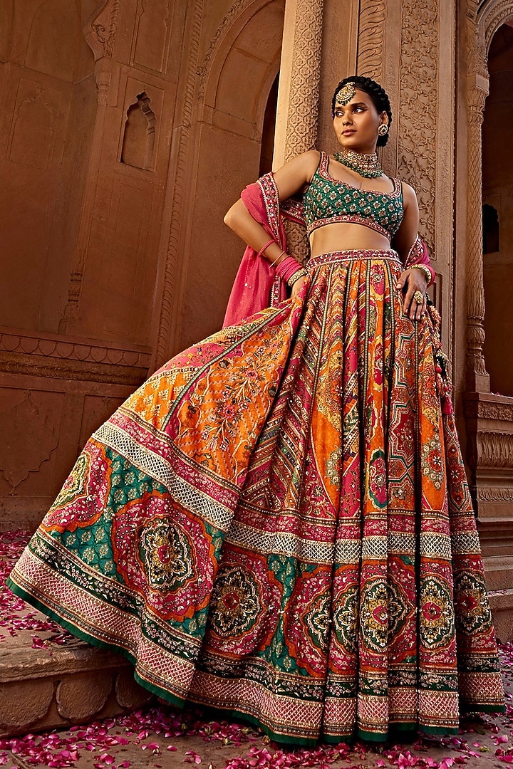 Orange Raw Silk Printed & Hand Embroidered Wedding Lehenga Set by Kalista at Pernia's Pop Up Shop