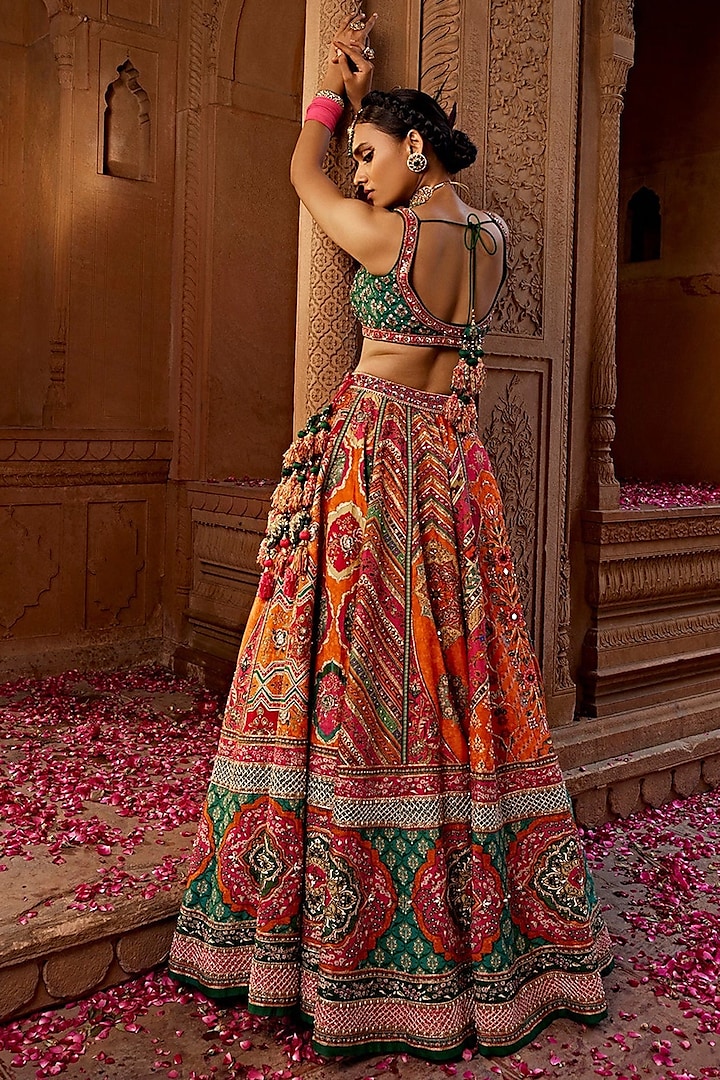 Orange Raw Silk Printed & Hand Embroidered Wedding Lehenga Set by Kalista at Pernia's Pop Up Shop