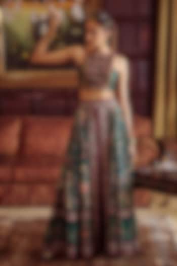 Green Viscose Silk Hand-Painted & Embroidered Wrap Skirt Set by Kalista at Pernia's Pop Up Shop