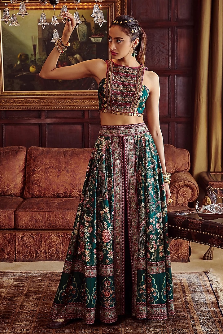 Green Viscose Silk Hand-Painted & Embroidered Wrap Skirt Set by Kalista at Pernia's Pop Up Shop