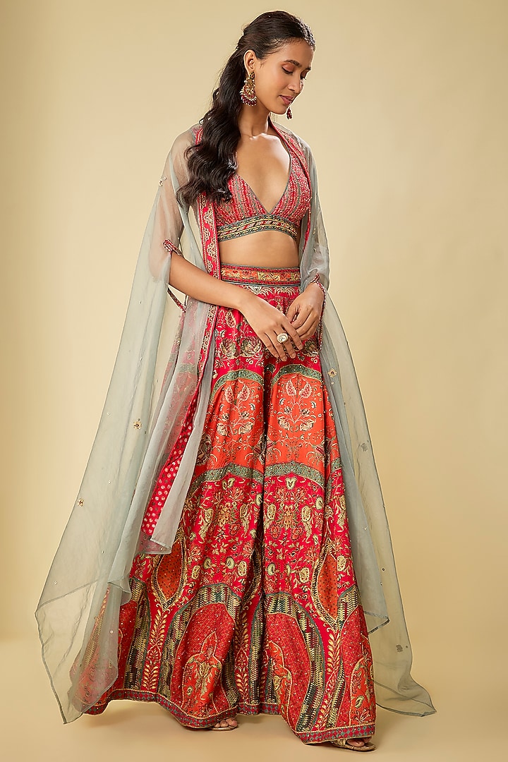 Multi-Colored Viscose Silk Embroidered & Printed Wedding Sharara Set by Kalista at Pernia's Pop Up Shop