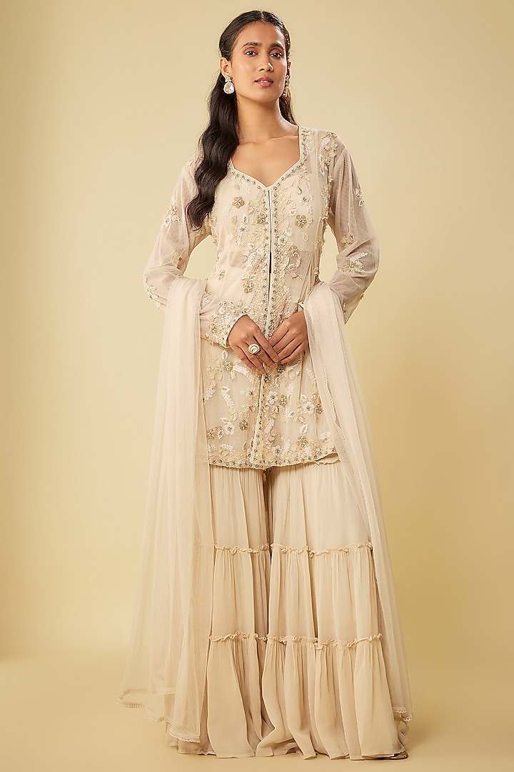 Ivory Viscose Georgette Gharara Set by Kalista at Pernia's Pop Up Shop