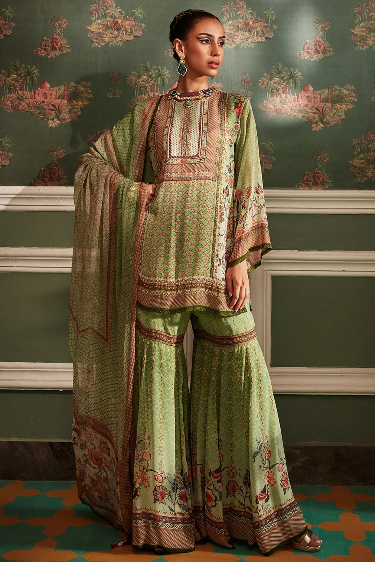 Green Viscose Georgette & Net Floral Printed Gharara Set by Kalista at Pernia's Pop Up Shop