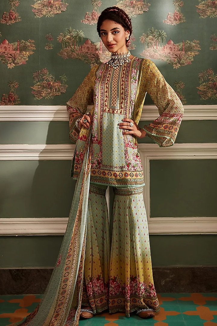 Green Viscose Georgette Floral Printed Gharara Set by Kalista at Pernia's Pop Up Shop