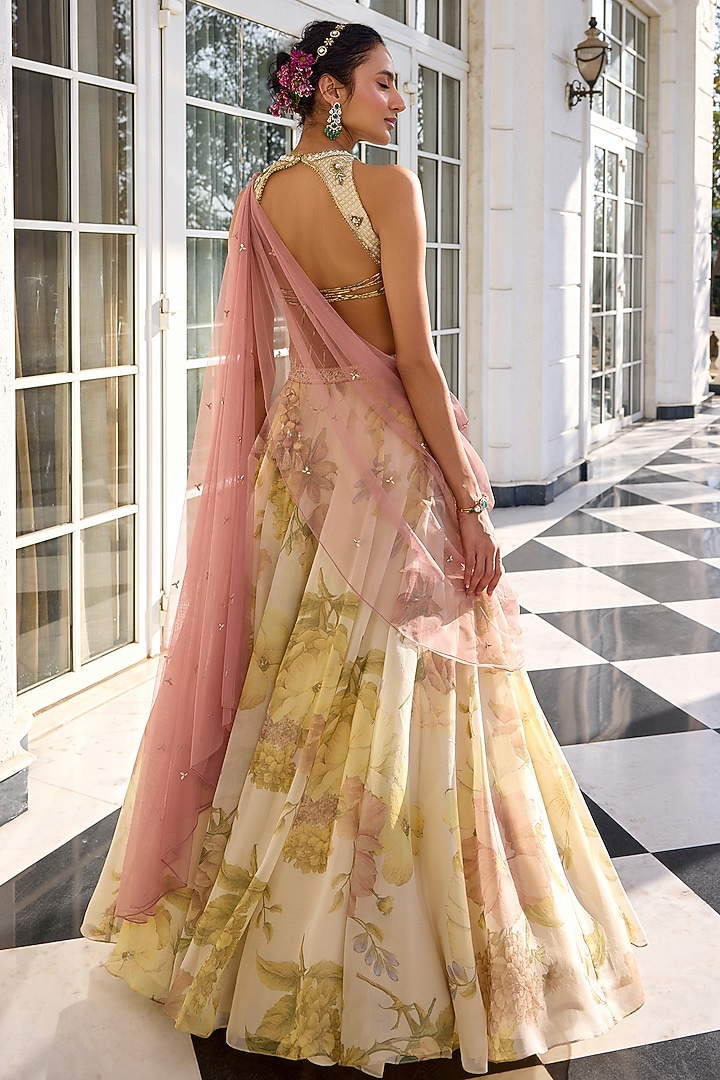 Ecru Tissue Floral Printed Wedding Lehenga Set by Kalista at Pernia's Pop Up Shop