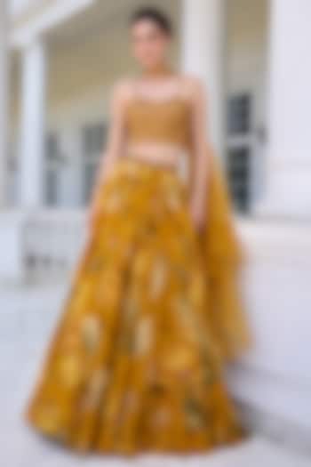 Golden Yellow Organza Floral Printed Wedding Lehenga Set by Kalista at Pernia's Pop Up Shop