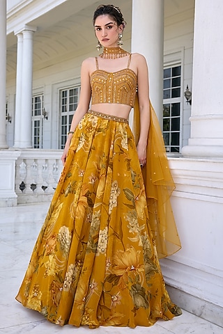 Golden Yellow Organza Floral Printed Lehenga Set by Kalista