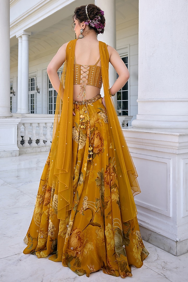 Golden Yellow Organza Floral Printed Wedding Lehenga Set by Kalista at Pernia's Pop Up Shop