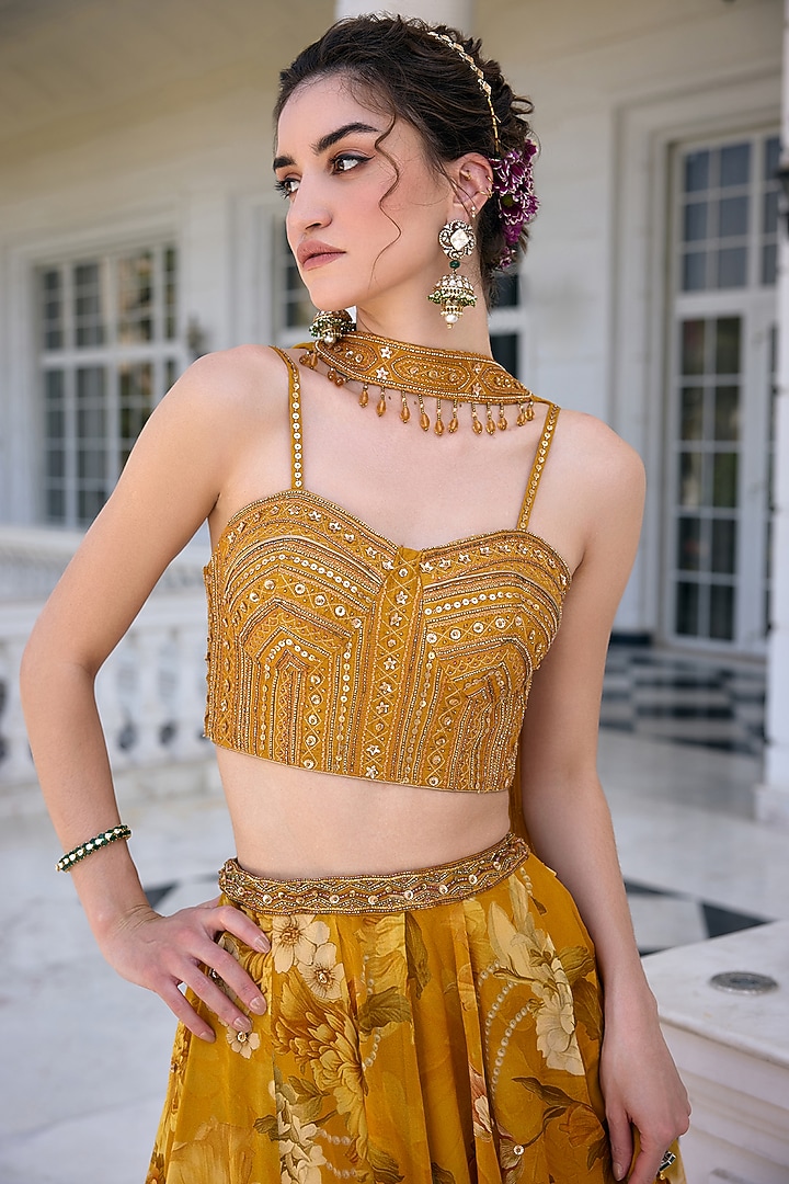 Golden Yellow Organza Floral Printed Wedding Lehenga Set by Kalista at Pernia's Pop Up Shop