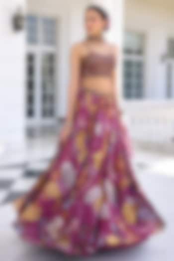 Tyrian Purple Organza Floral Printed Wedding Lehenga Set by Kalista at Pernia's Pop Up Shop