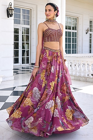Tyrian Purple Organza Floral Printed Lehenga Set by Kalista