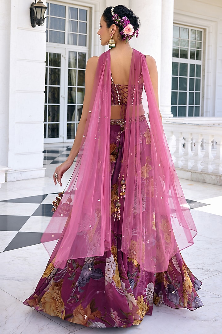 Tyrian Purple Organza Floral Printed Wedding Lehenga Set by Kalista at Pernia's Pop Up Shop