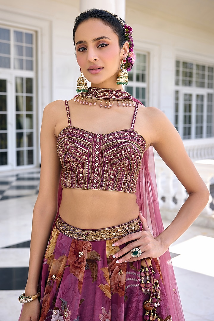 Tyrian Purple Organza Floral Printed Wedding Lehenga Set by Kalista at Pernia's Pop Up Shop