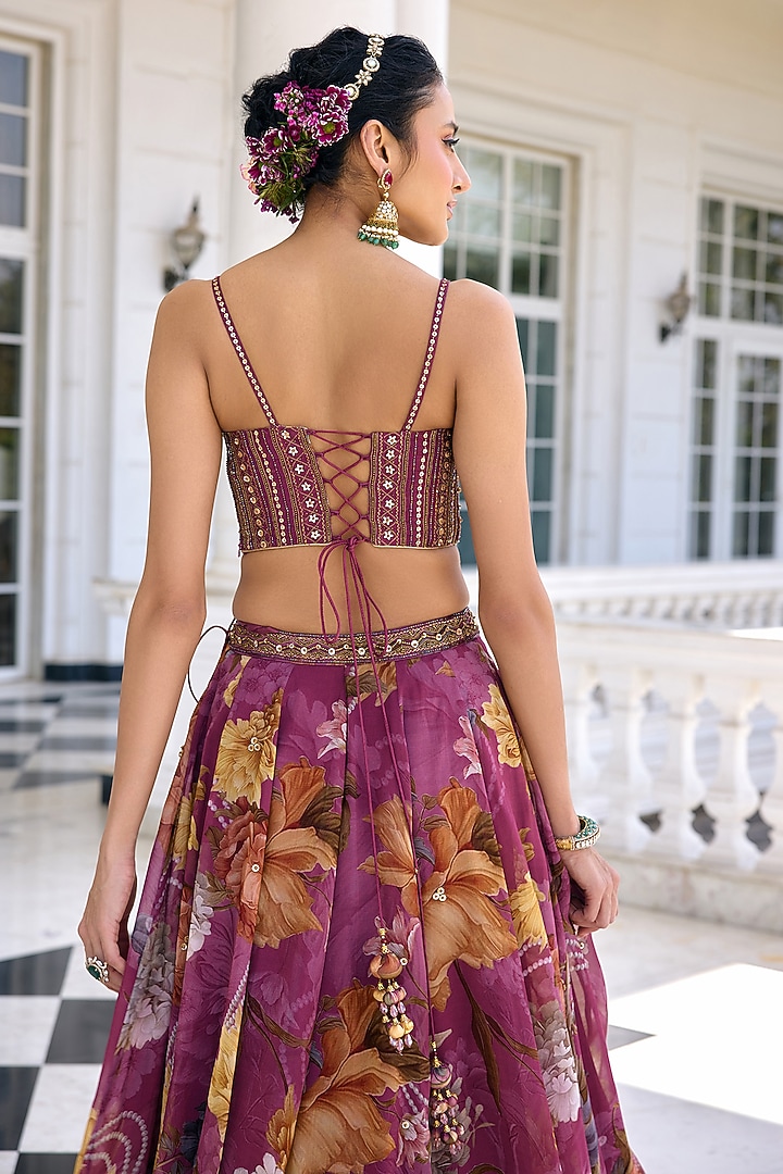 Tyrian Purple Organza Floral Printed Wedding Lehenga Set by Kalista at Pernia's Pop Up Shop