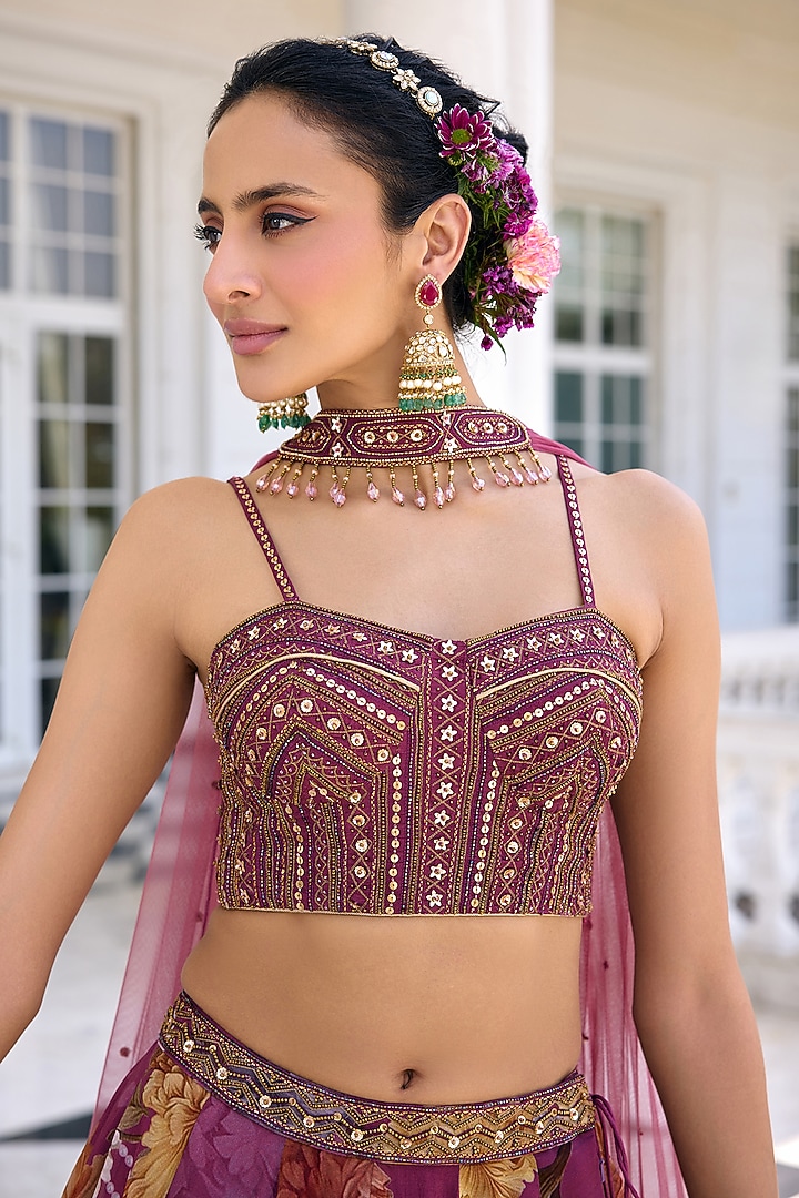 Tyrian Purple Organza Floral Printed Wedding Lehenga Set by Kalista at Pernia's Pop Up Shop