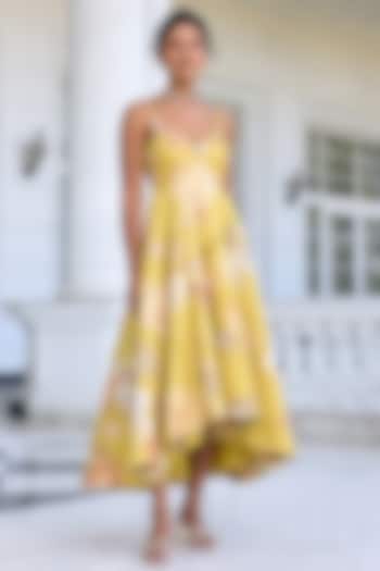 Yellow Viscose Brocade Floral Printed Vacation Dress by Kalista at Pernia's Pop Up Shop
