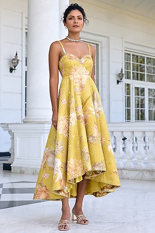 Yellow Viscose Brocade Floral Printed Dress by Kalista