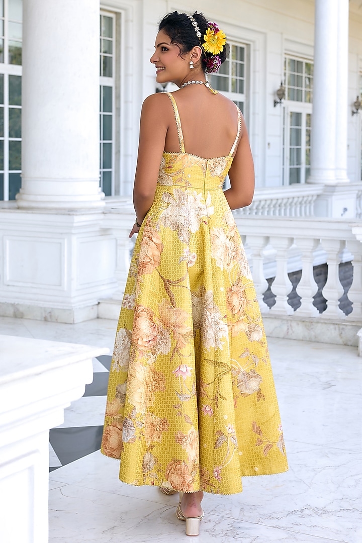 Yellow Viscose Brocade Floral Printed Vacation Dress by Kalista at Pernia's Pop Up Shop