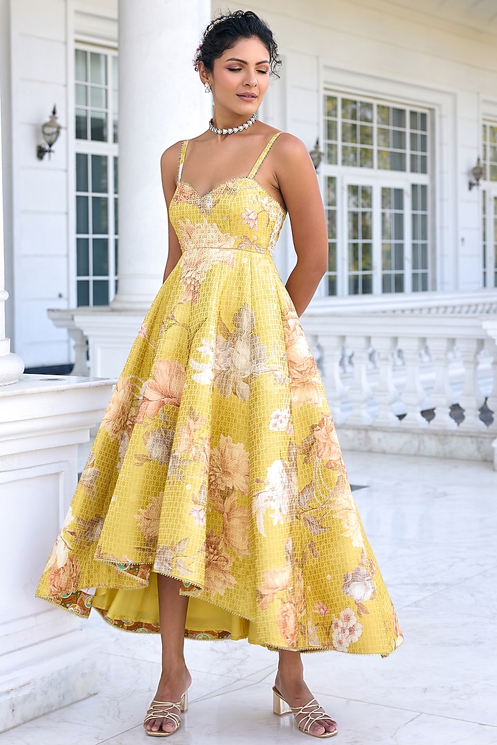 Yellow Viscose Brocade Floral Printed Vacation Dress by Kalista at Pernia's Pop Up Shop