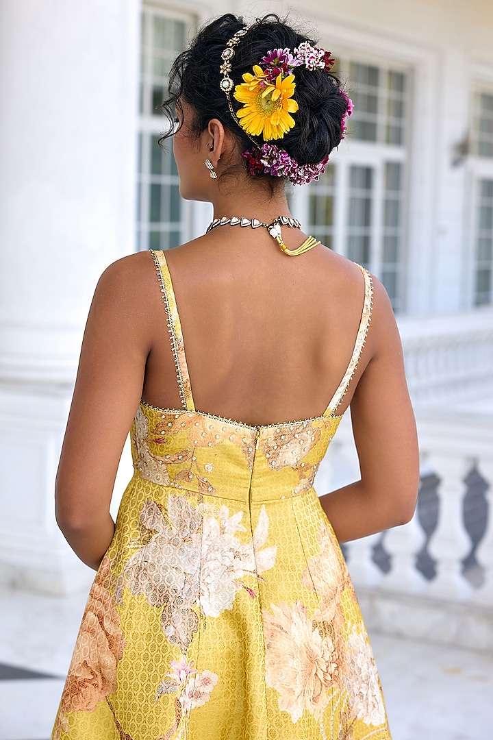 Yellow Viscose Brocade Floral Printed Vacation Dress by Kalista at Pernia's Pop Up Shop