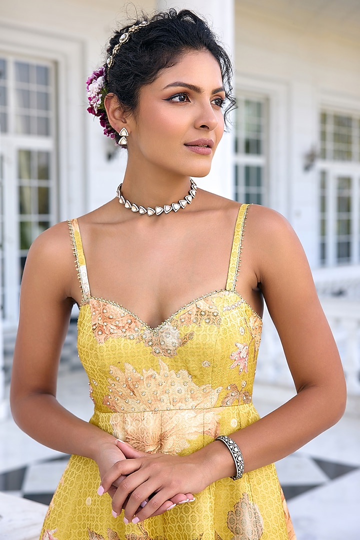 Yellow Viscose Brocade Floral Printed Vacation Dress by Kalista at Pernia's Pop Up Shop