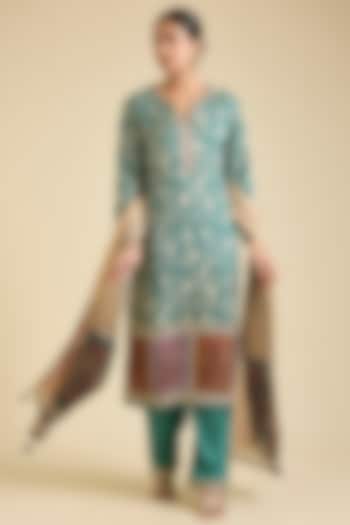 Teal Viscose Rayon Printed & Embroidered Kurta Set by Kalista at Pernia's Pop Up Shop