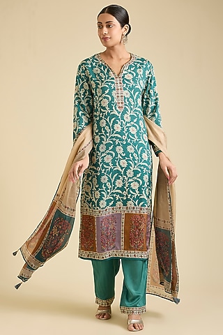Teal Viscose Rayon Printed & Embroidered Kurta Set by Kalista