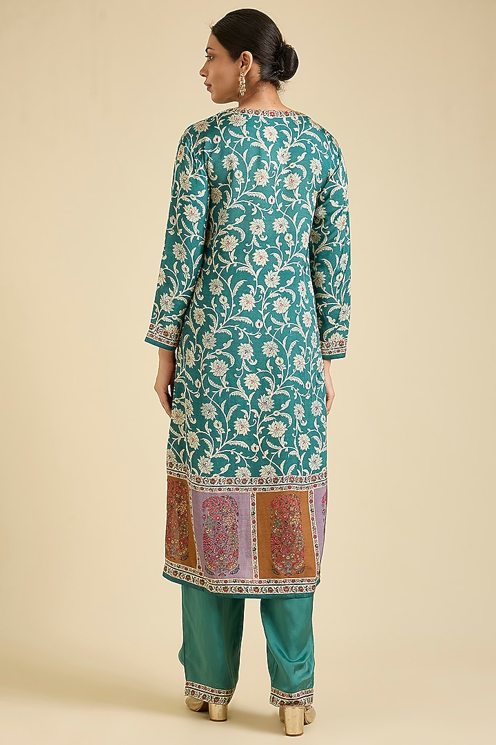 Teal Viscose Rayon Printed & Embroidered Kurta Set by Kalista at Pernia's Pop Up Shop
