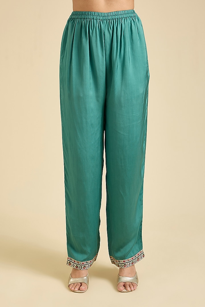 Teal Viscose Rayon Printed & Embroidered Kurta Set by Kalista at Pernia's Pop Up Shop