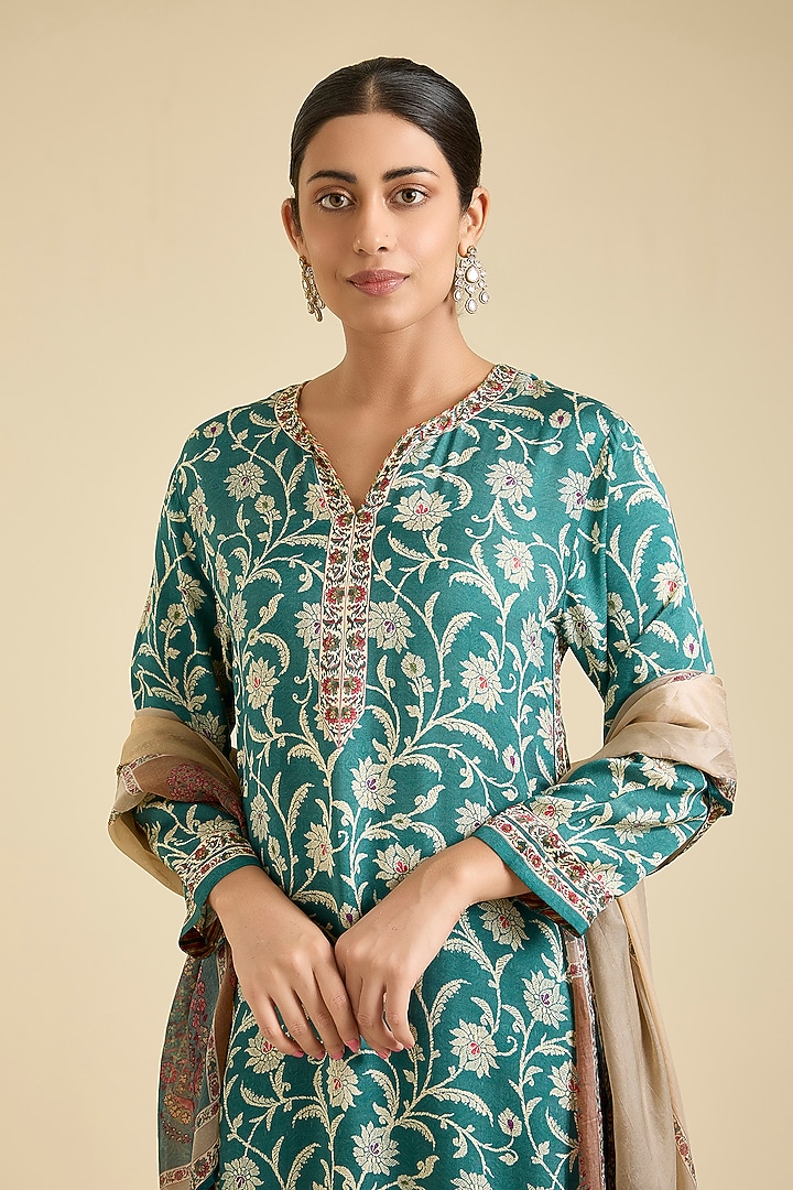 Teal Viscose Rayon Printed & Embroidered Kurta Set by Kalista at Pernia's Pop Up Shop