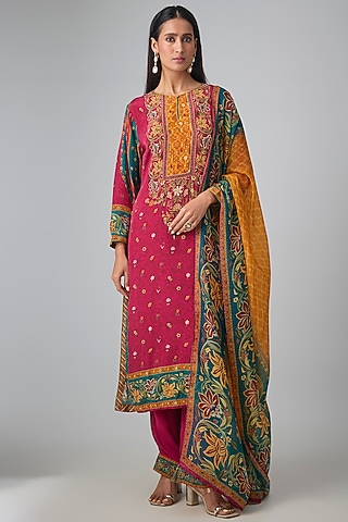Fuchsia Pink Viscose Crepe Embroidered Kurta Set by Kalista