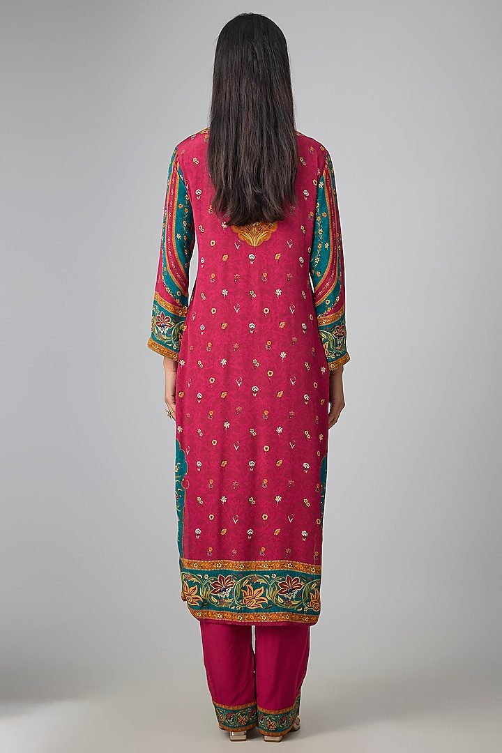 Fuchsia Pink Viscose Crepe Embroidered Kurta Set by Kalista at Pernia's Pop Up Shop