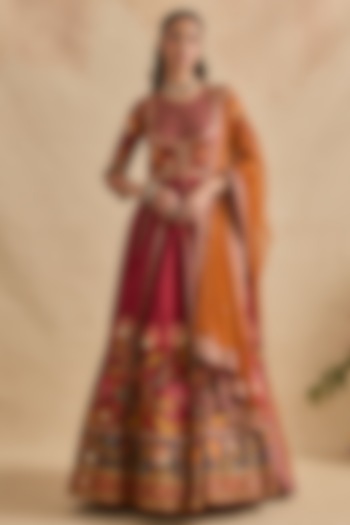 Crimson Red Viscose Silk Floral Embroidered Wedding Anarkali Set by Kalista at Pernia's Pop Up Shop