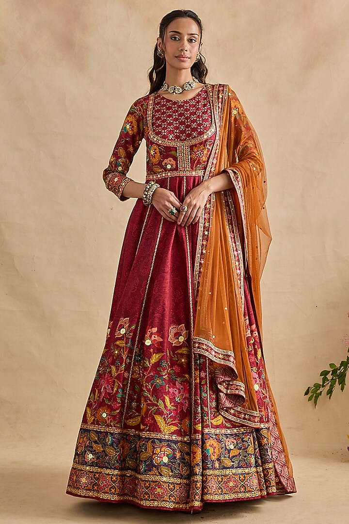 Crimson Red Viscose Silk Floral Embroidered Wedding Anarkali Set by Kalista at Pernia's Pop Up Shop