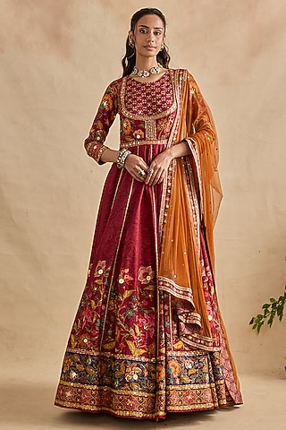 Crimson Red Viscose Silk Floral Embroidered Anarkali Set by Kalista