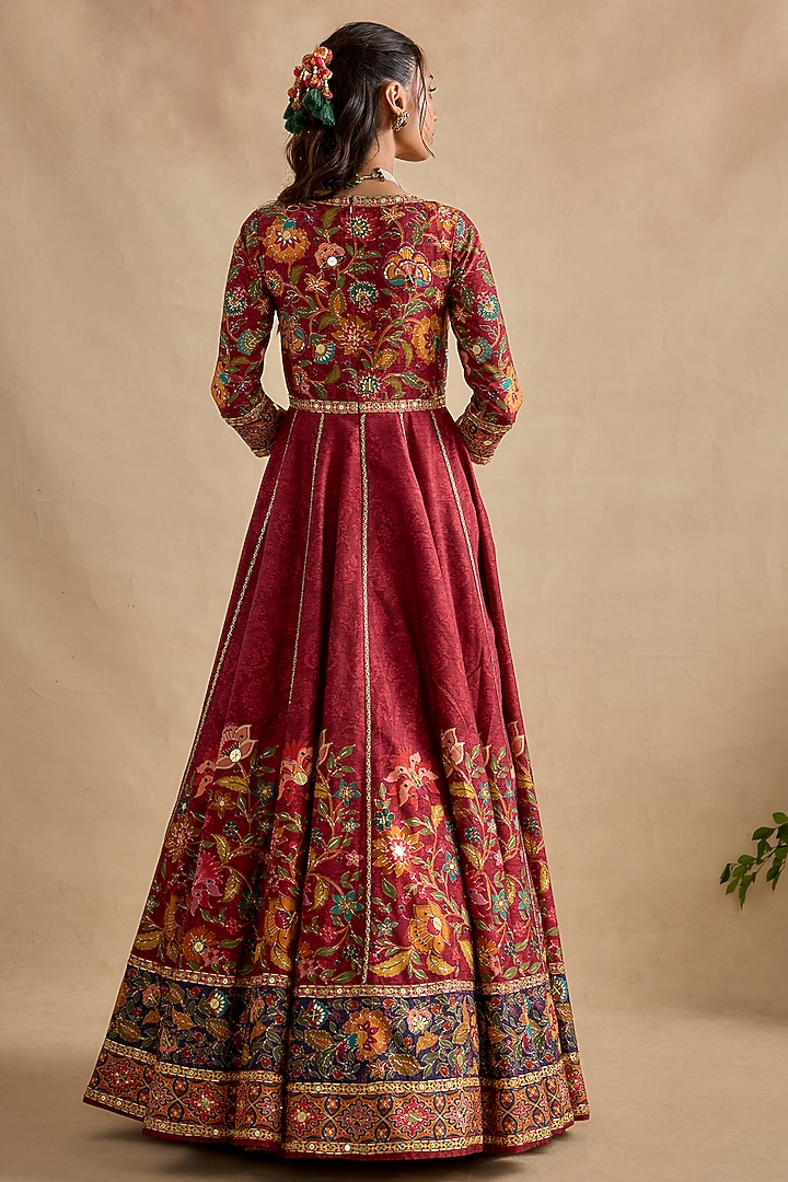 Crimson Red Viscose Silk Floral Embroidered Wedding Anarkali Set by Kalista at Pernia's Pop Up Shop