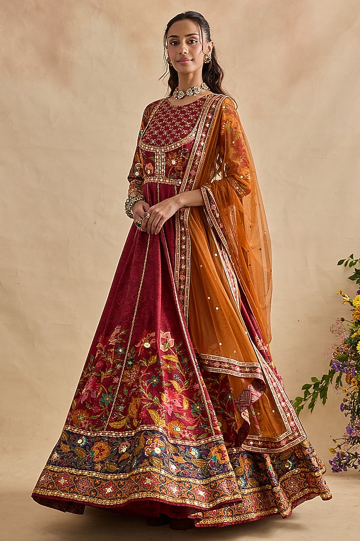 Crimson Red Viscose Silk Floral Embroidered Wedding Anarkali Set by Kalista at Pernia's Pop Up Shop