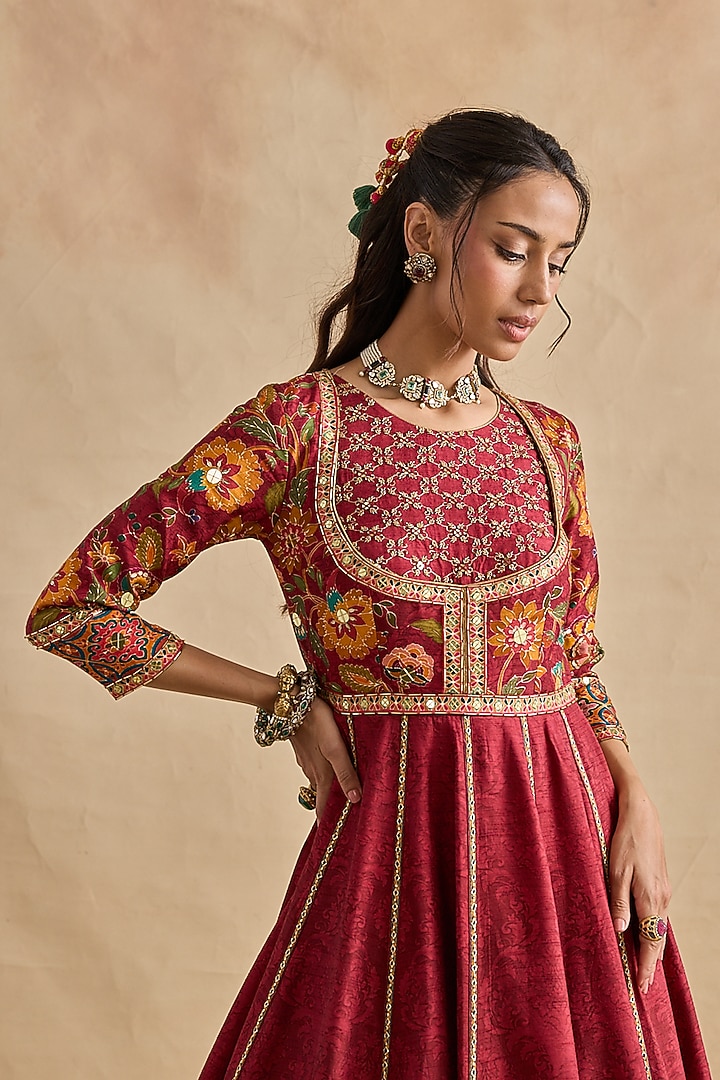 Crimson Red Viscose Silk Floral Embroidered Wedding Anarkali Set by Kalista at Pernia's Pop Up Shop