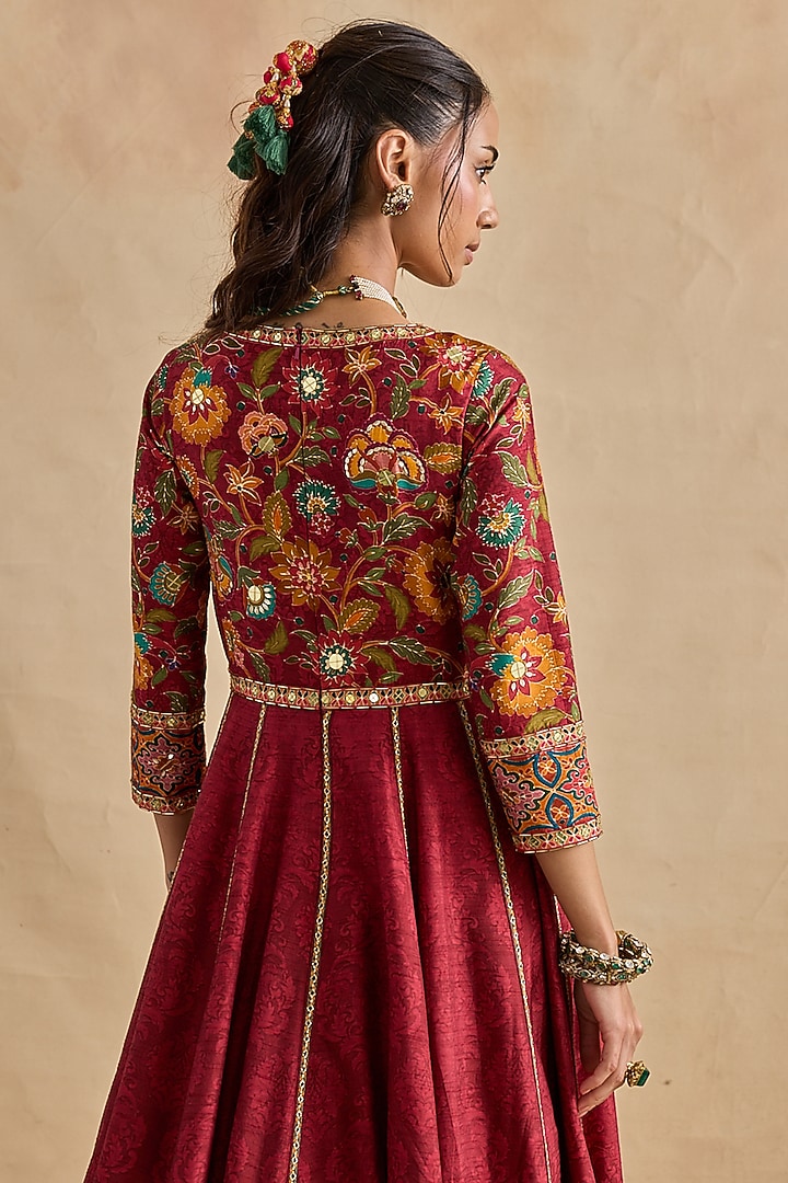 Crimson Red Viscose Silk Floral Embroidered Wedding Anarkali Set by Kalista at Pernia's Pop Up Shop