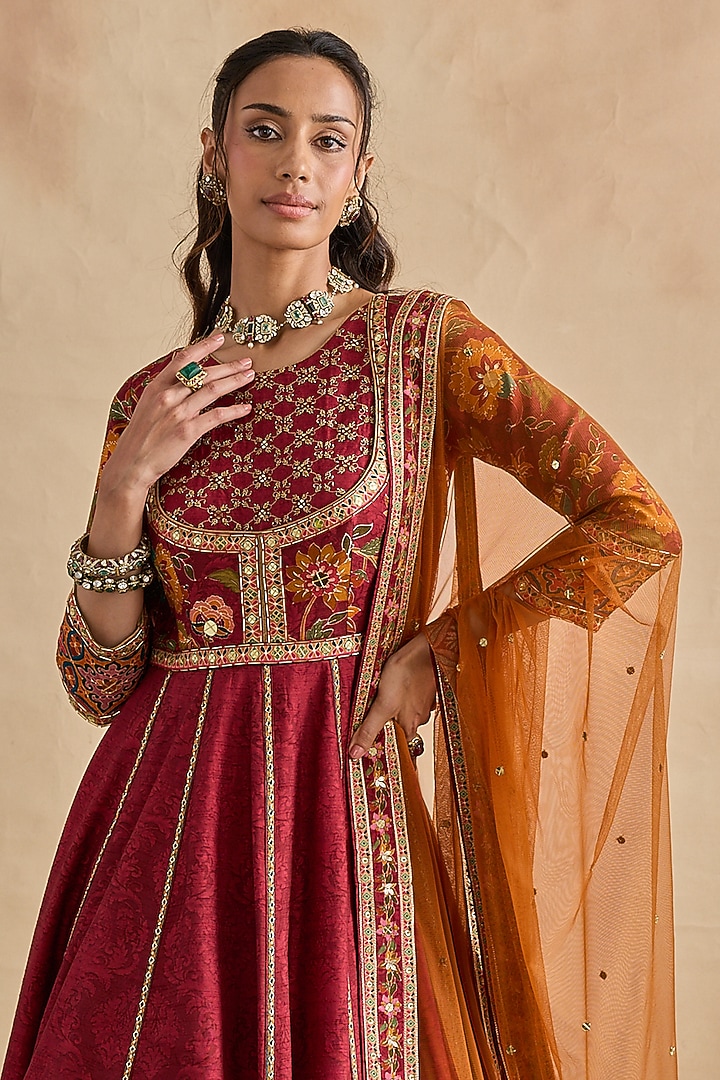 Crimson Red Viscose Silk Floral Embroidered Wedding Anarkali Set by Kalista at Pernia's Pop Up Shop