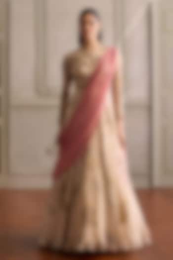 Blush Pink Viscose Organza Printed Wedding Anarkali Set by Kalista at Pernia's Pop Up Shop