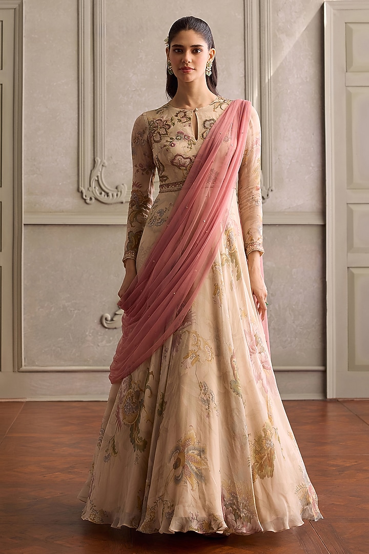 Blush Pink Viscose Organza Printed Wedding Anarkali Set by Kalista at Pernia's Pop Up Shop