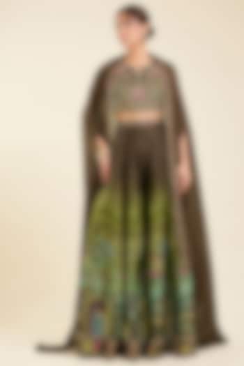 Mehendi Green Dola Silk Printed Wedding Sharara Set by Kalista at Pernia's Pop Up Shop