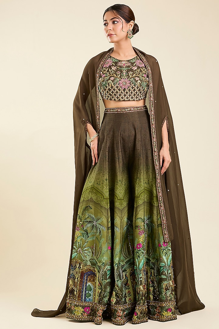 Mehendi Green Dola Silk Printed Wedding Sharara Set by Kalista at Pernia's Pop Up Shop