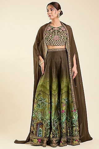 Mehendi Green Dola Silk Printed Sharara Set by Kalista
