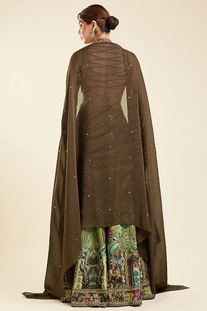 Mehendi Green Dola Silk Printed Wedding Sharara Set by Kalista at Pernia's Pop Up Shop