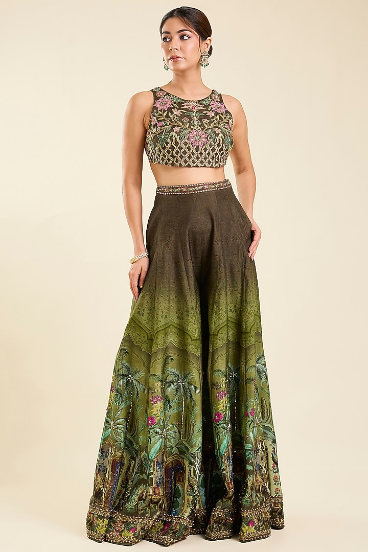 Mehendi Green Dola Silk Printed Wedding Sharara Set by Kalista at Pernia's Pop Up Shop